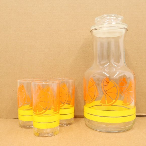 Libbey Dining Vintage Mcm Orange Juice Glass Pitcher With 3 Orange